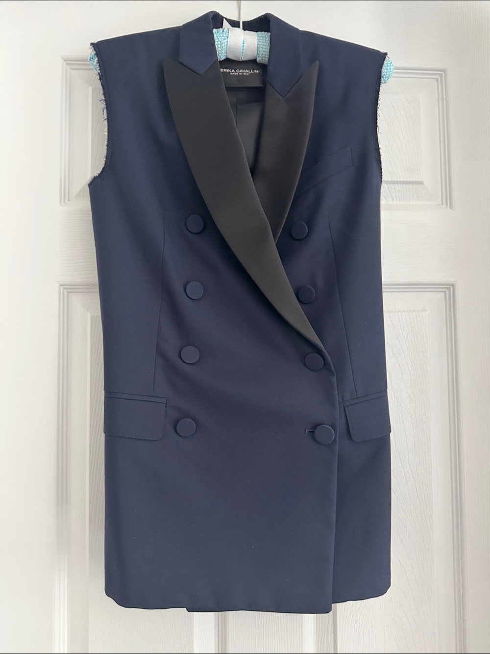 Sleeveless Double-Breasted Vest with Black Satin Lapel — Navy